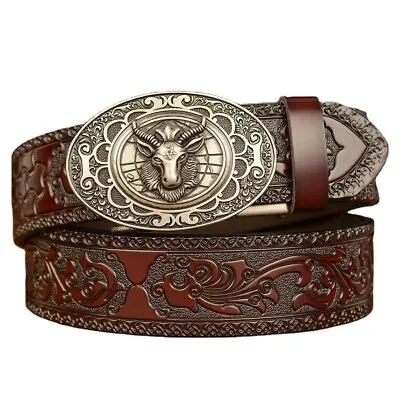 Men's Belt Cowhide Casual Cowboy Personality Leather Goat Retro Automatic Buckle • £20.39