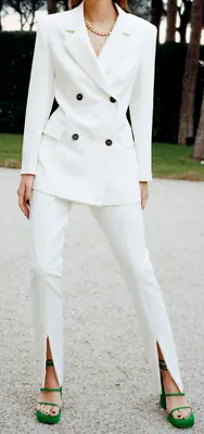 Nwt Zara Double-breasted Blazer With Contrast Buttons+pants Suit White Size L • $135