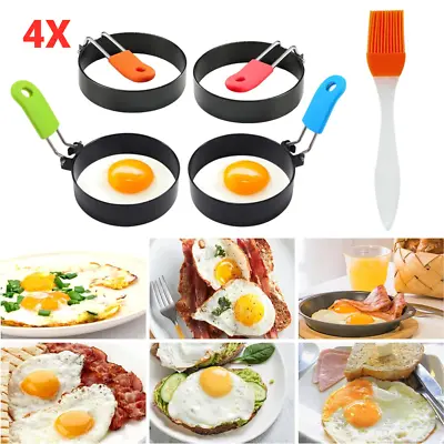 4Pcs Metal Egg Ring Fried Egg Circles Pancake Sandwiches Frying Mould With Bursh • £7.99