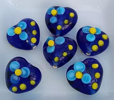 6 Lampwork Handmade  FOCAL Heart Bead  Blue With Blue Yellow Flower  Detail 14mm • £3