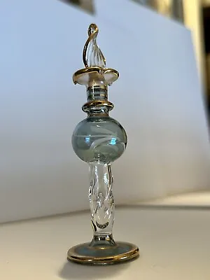 Vintage Egyptian Glass Perfume Bottle Hand Blown Green Blue Gold Gilt Genie • $14.99