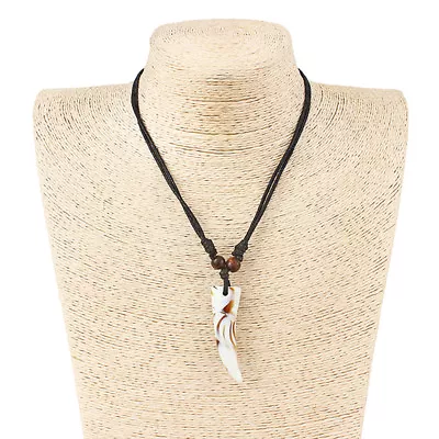 Resin Faux Yak Bone Wolf Tooth Teeth Pendant Adjustable Wax Cotton Cord Necklace • $2.59