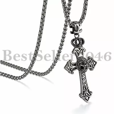 Vintage Lion Head Crown Celtic Cross Pendant Mens Stainless Steel Necklace 22  • $10.99