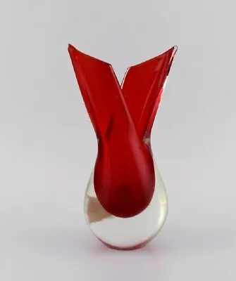 Murano Vase In Red And Clear Mouth-blown Art Glass. Italian Design 1960s • $420