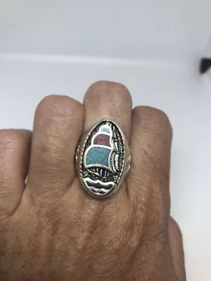1980's Vintage Southwestern Silver Men's Turquoise Stone Inlay 9 Sail Ship Ring • $44