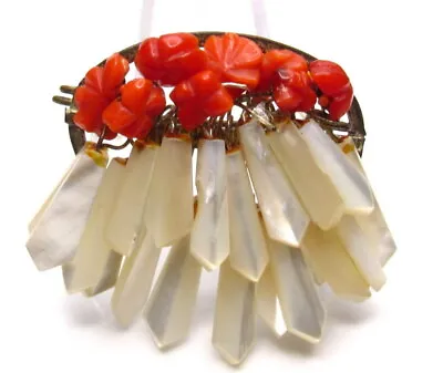 Vintage Carved Coral Mother Of Pearl Brooch Pin • $129.99