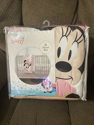 Disney Minnie Mouse Hearts Dots 3 Piece Crib Bedding Set New Pink White • $44.97