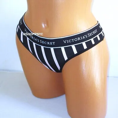 VICTORIA'S SECRET Cotton Thong PantySize S Logo Black Pink Stripe • $12.95