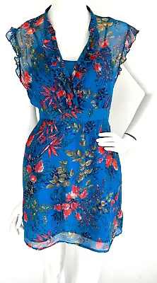 I LOVE H81 Silk Dress Floral Print V-Neck Ruffles Lined Blue Junior M VGUC • $19.95