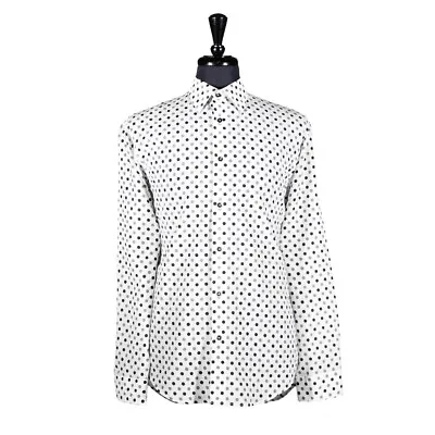 Mens Shirt Button Up White Black Gray Polka Dot Dress Casual Beach Party Large • $28.49