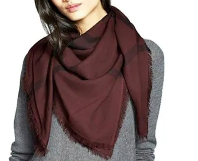 BURBERRY Deep Claret Modal Wool Overdyed Chambray Check Square Scarf • $188