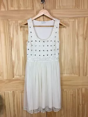 Miss Selfridge 8 Dress Womens Bead Embellished Cream Mesh Sleeveless A Line Boho • £9.75