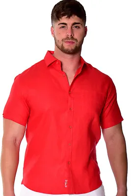 Bohio Mens 100% Linen Shirt In Red Button Down ( 1 ) Pocket (S ~ 3X) MLS2042 • $38.99