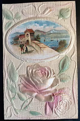 Vintage Victorian Postcard 1901-1910 Birthday Greetings - Deeply Embossed Rose • $8