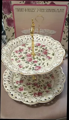 Vtg Ivory &Roses Two Tier Porcelain Serving Tray 10  (New In Open Box) • $40