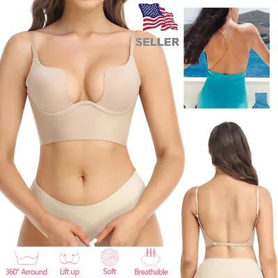 Women Low Back Bra Wire Lifting Deep U Shaped Plunge Backless Bras Clear Strappy • $18.99