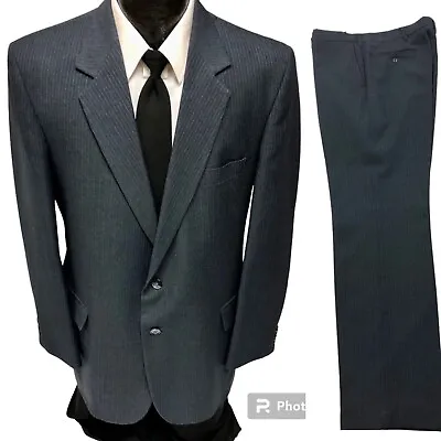 2 Pc Vtg 70's Haggar MOD Blue Copper PIN STRIPE Bell Bottom Disco Suit Trousers • $179.99