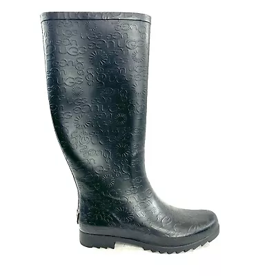 UGG Wilshire Women Size 8 Black Embossed Logo Rubber Rain Boot Knee High 3386 • £45.60