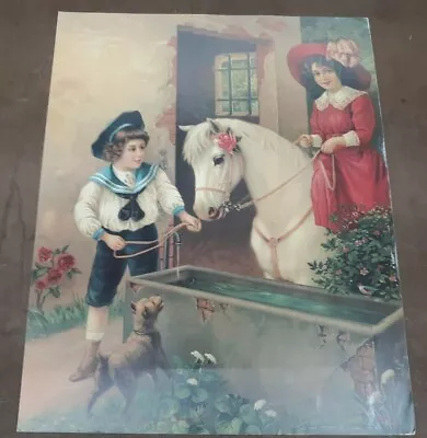 Vintage GERMAN 16  X 20  GIRLS W A HORSE Art Print • $9.98