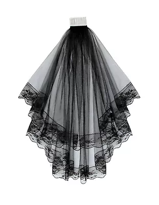 2 Tier Black Bridal Wedding Veil With Lace Edges Comb 31  Brand New • £15.99