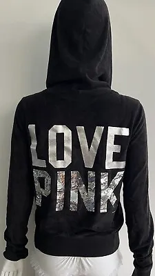 Victoria's Secret Pink Hoodie Love Pink Sequin Sweatshirt Terry Black M  New • $42.49
