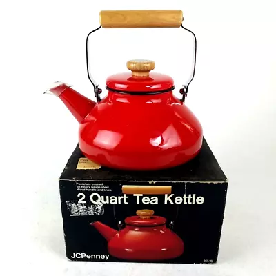 VTG NOS Red Enamel Teapot Tea Kettle 2qt With Lid Wood Handle & Knob By JC Penny • $39.99