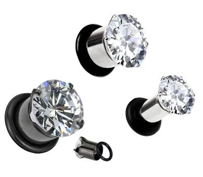 2x Silver Black CZ Crystal Ear Plug Flesh Tunnels Stretcher Gem Diamante Plugs • £7.99