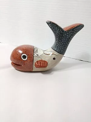 Mexico Pottery Whale Figurine Handmade Hand Painted Tail Up Clay Ceramic Signed  • $32.95