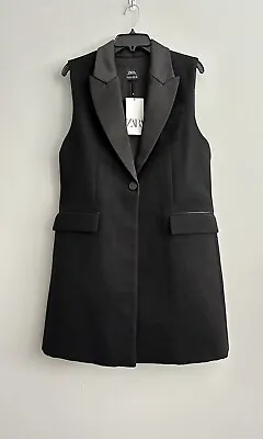 New Zara M Tuxedo Black Long Vest Coat Lined Button Up Pockets Satin Collar NWT • $58.99