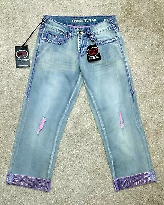 Cowgirl TUFF Purple Sparkle Capri Size 24x23 Junior Girls Distressed Jeans NWT • $24.87