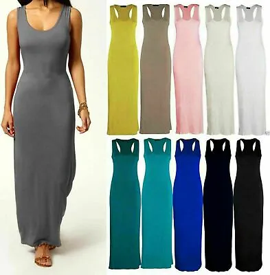 Womens Ladies Long Maxi Dress Plain Racer Muscle Back Vest Stretch Jersey 8-26 • £5.97