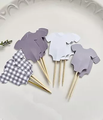 12 Beige Baby Shower Food Picks Gingham Cupcake Toppers Baby Shower Decor • $7.25