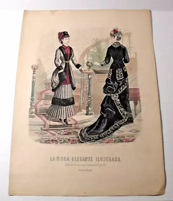 Antique French Hand Colored LA MODE ELEGANTE ILLUSTRADA Fashion Print (1612) • $18