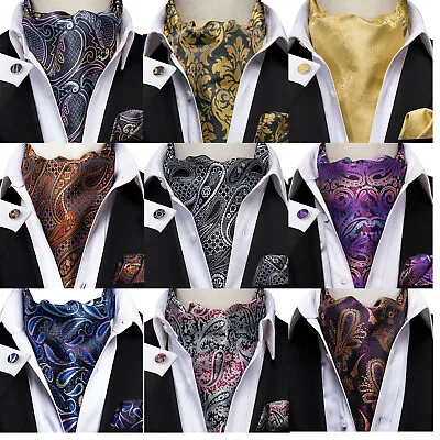 Mens Ascot Cravat Silk Black Gold Blue Paisley Jacquard Hankie Cufflinks Tie Set • $9.99