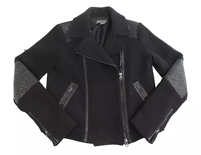 Vince Moto Jacket Black Wool Leather Trim Womens Small Asymmetrical Zip Biker • $34.99