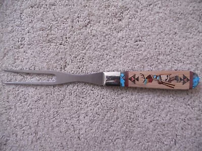 10.5  Carving/ Meat Fork With Wood Handle Blue Turquoise Stone Inlay Indian Pic. • $14