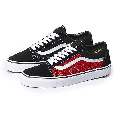 Vans Black Old Skool X Red Bandana Pattern Custom Handmade Shoes By Patch Collec • $305.06