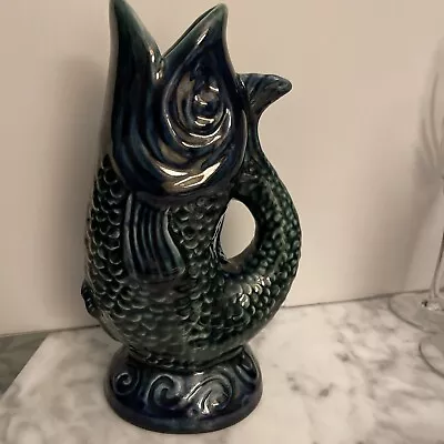 Portugal Majolica Blue/Teal Fish Shaped Ceramic Water Jug Pitcher By Olfaire VTG • $68