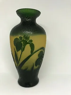 $124.99 • Buy Modern Reproduction Galle Green Art Glass Vase With Iris Flowers-Beautiful!!!!