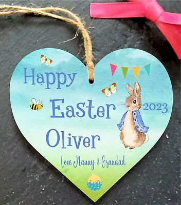 Personalised Happy Easter Boy 1St First Easter Rabbit Wooden Gift Hanging Plaque • £4.88