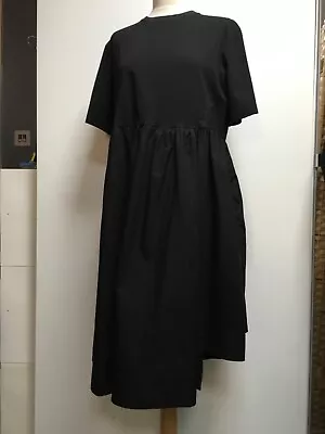 COS Black Cotton Oversized T-shirt Dress Jersey Poplin Gathered Stepped Hem L • £37