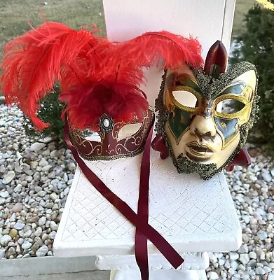 Mardi Gras Jester Mask Masquerade Shelf Decor Old Vintage Red Gold Feather Face • $15.99