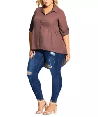 Women's City Chic Button-Front High-Low Hem Collared Blouse Top Plus Size 14W • $27.34