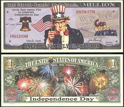 JULY 4TH INDEPENDENCE DAY MILLION DOLLAR NOVELTY BILL - Lot Of 2 BILLS • $2.49