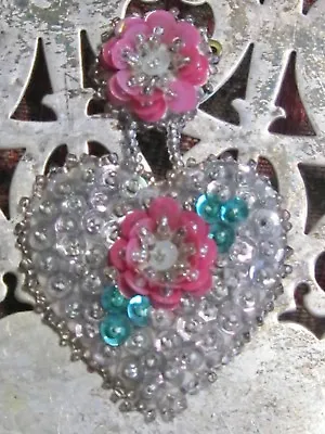 £37.20 • Buy Vintage Sweet Romantic Handmade Dangling Heart & Flower Sequin Bead Pin Brooch 