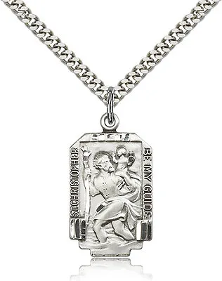 Men's Sterling Silver Saint Christopher Medal 1 X 5/8 Pendant Necklace 24 Chain • $78.75