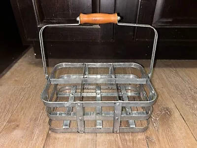 Vintage Metal Milk Carrier W/ Wooden Handle 6 Slot • $30