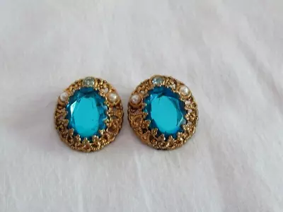 Vtg West Germany Bright Blue Rhinestone Faux Pearl Filagree Clip Earrings Signed • $69.99