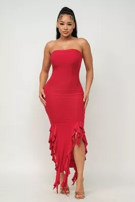 Red Solid Bottom Ruffle Trim Hem Side Slits Tube Maxi Dress  Size S • $27.50