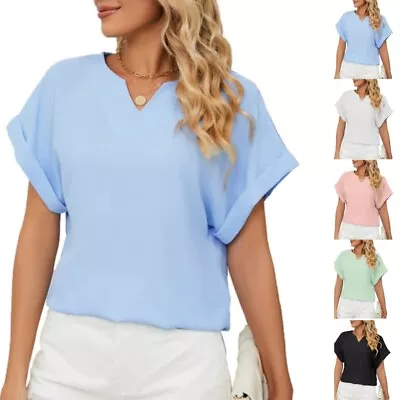 Ladies Summer Tops V Neck Plain Blouse Loose Fit T Shirt Holiday Casual Shirts • £8.39